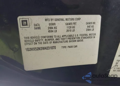 1998 Pontiac Bonneville Se z USA, uszkodzony, nr VIN 1G2HX52K0W4231870